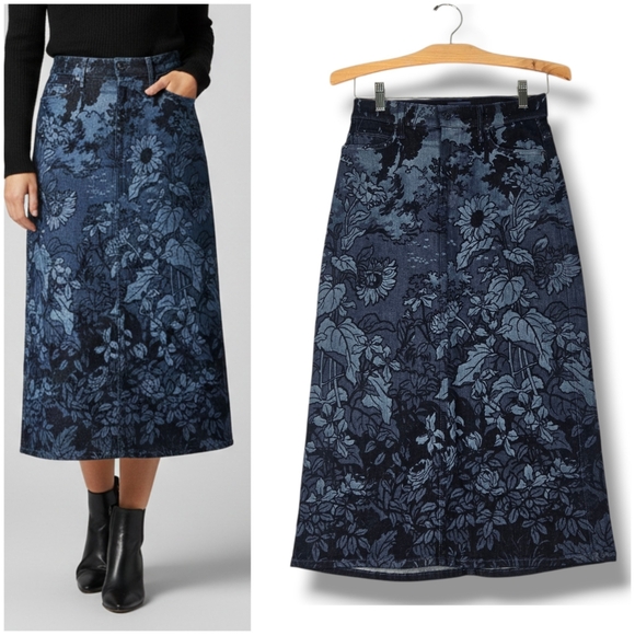 MOTHER Dresses & Skirts - Mother The Swooner Straight A Midi Skirt Blue Denim Floral Sing Me To Sleep 25